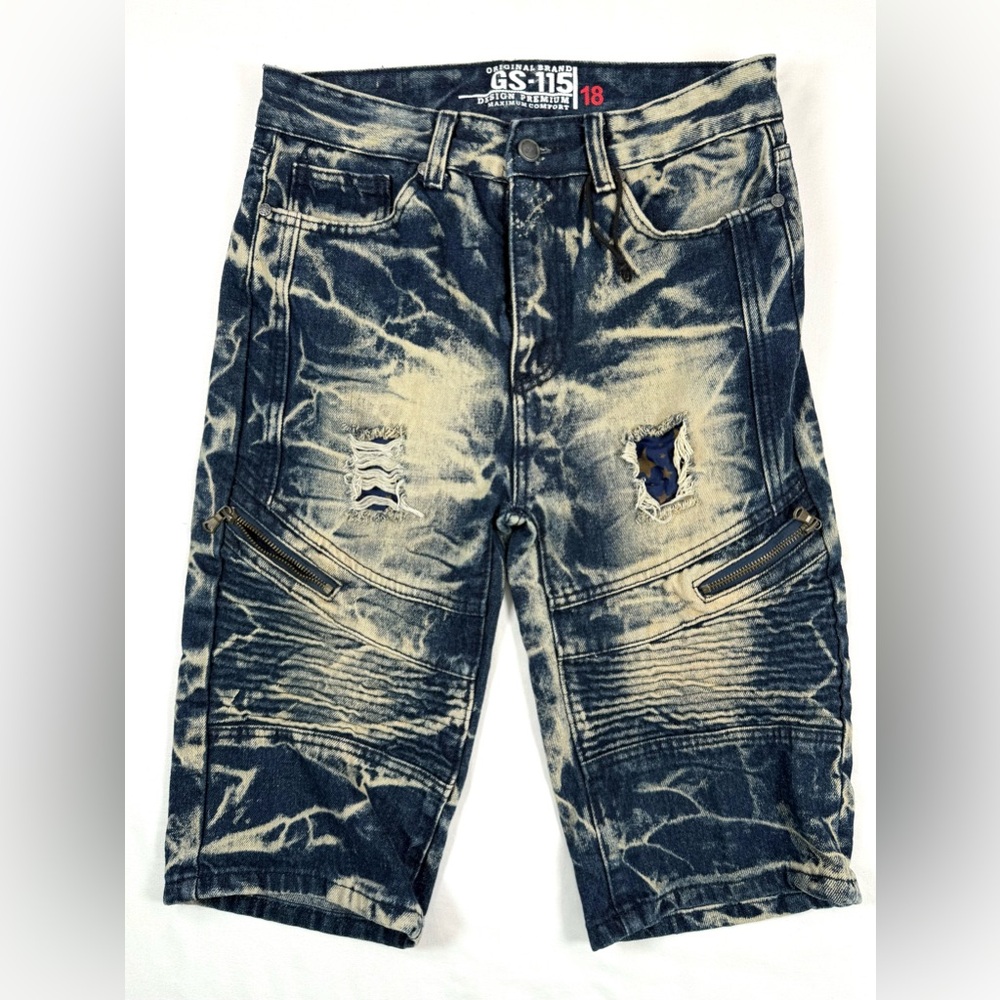 NEW GS115 Boys Moto Denim Shorts 18 Blue‎ Acid Wash Distressed Zipper Streetwear